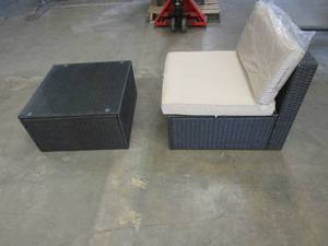 lot 103 image: Brown Wicker Armless Chair with Tan Cushions & Coffee Table with Glass Top