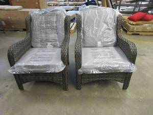 lot 104 image: Ovios Outdoor Brown Wicker Patio Chairs with Gray Cushions - Set of 2