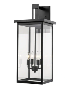 lot 167 image: Millennium Lighting 27 in. 4-Light Powder Coat Black Outdoor Wall-Light Sconce with Clear Glass (OPEN BOX)