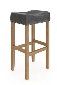 lot 178 image: Hylie 29 in. Nailhead Wood Bar Height Counter Backless Bar Stool Dark Gray Cushion Light Brown Finish (OPEN BOX)