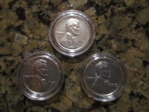 Set of 1943 P,D and S Emergency Issue WWII Steel Pennies (Exceptional Condition) in Acrylic Capsules