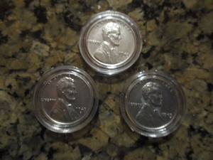 Set of 1943 P,D and S Emergency Issue WWII Steel Pennies (Exceptional Condition) in Acrylic Capsules
