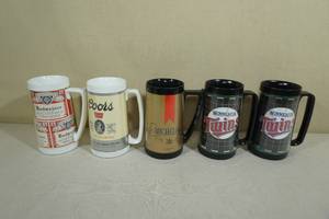 lot 312 image: 5 Vintage Thermo Beer Mugs Twins, Coors, Budweiser, Michelob
