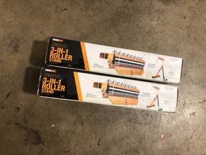 lot 41 image: 2 Lots of TOUGHBUILT 27.5 to 43 Adjustable 3-in-1 Roller Stand with a material stops, ball-bearing rollers and 8 directional rollers  Customer Returns See Pictures