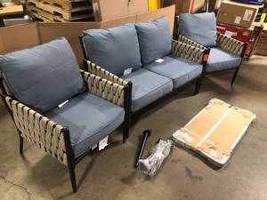 lot 111 image: Hampton Bay Dockview 4-Piece Metal Outdoor Patio Conversation Set with Blue Cushions    Customer Returns See Pictures