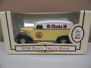 lot 19 image: ERTL COLLECTIBLES 125 SCALE DIE CAST - COORS BEER 1938 PANEL TRUCK DELIVERY BANK - NEW IN BOX - GREAT PIECE - SEE PICTURES