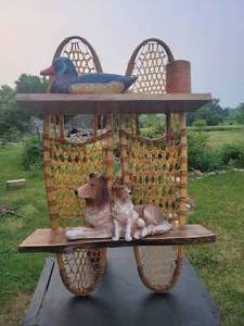 lot 1 image: Vintage Snowshoe Display Shelf, & The Contents (Black Walnut Shelving)
