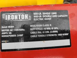 lot 132 image: Ironton 220-LB. Single Line440-LB. Double Line Capacity Electric Hoist