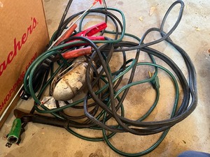 lot 47 image: Box of cords and tools and misc