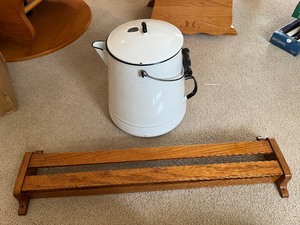 lot 96 image: metal coffee pot and church pew book holder
