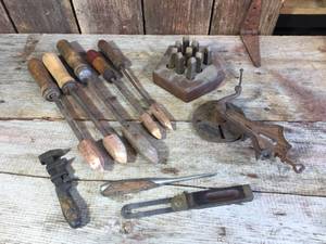 lot 182 image: Antique Tools - Soldering Irons - Punches - Wrench - Grinder