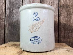 lot 29 image: Unusual Redwing 2 Gallon Crock Ear Transitional Stamp