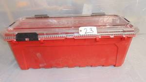 lot 23 image: Husky 30-Gal. Professional Duty Waterproof Storage Container with Hinged Lid in Red