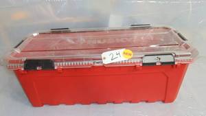 lot 24 image: Husky 30-Gal. Professional Duty Waterproof Storage Container with Hinged Lid in Red