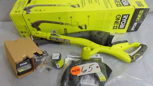 lot 65 image: RYOBI ONE 18V 10 in. Cordless Battery String Trimmer and Edger with 1.5 Ah Battery and Charger Model # P2030 UPC Code # 046396005663