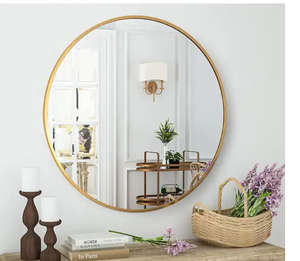 lot 28 image: XRAMFY 36 in. W x 36 in. H Round Aluminum Alloy Framed Gold Wall Mirror Model # RM36-GOLD UPC Code # 744173667942