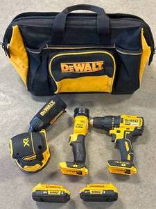 lot 24 image: DeWalt 20v Drill, Sander, Light, 2 Batteries, Bag