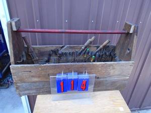 lot 114 image: Carpenters box with vintage tools. As shown.