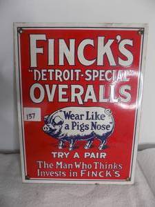 lot 137 image: Tin sign Fincks Detroit Special Overalls
