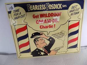 lot 138 image: Tin sign Fearless Fosdick says Time for Haircut