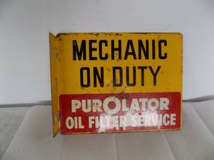 lot 141 image: Tin Sign 2 sided wall mount Mechanic On Duty