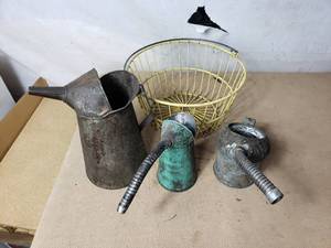 Vintage Oil Cans with Spouts and Wire Basket