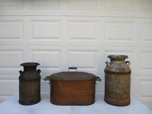 lot 22 image: Vintage Copper Boiler & 2 Milk Cans with Lids