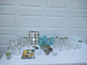 lot 60 image: Lot of Canning Jars, some Blue Canning Jars with Blue Book Canning Cookbook.