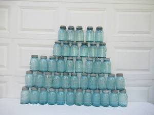 lot 62 image: Lot of 43 Vintage Ball Blue Canning Jars with Lids.