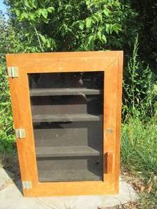 lot 74 image: Vintage Wood Wall Cabinet. Felt lined.