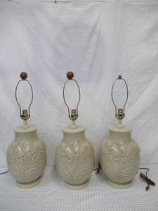 lot 80 image: 3- Vintage Ginger Jar Table Lamps with Raised Flowers  Floral decor. No Shades. MCM