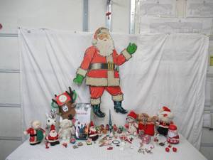 lot 95 image: Large lot of Christmas Decor. Large Wall Hanging Santa. Christmas Tree Stand. Lights.
