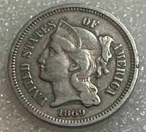 lot 50 image: 1869 Three Cent Nickel