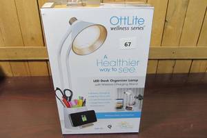 lot 67 image: OttLite LED Desk Space Organizer Lamp - 3 Brightness Levels Storage Charger