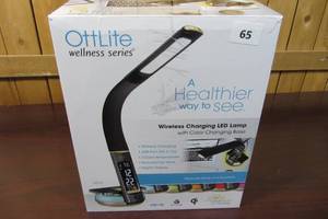 lot 65 image: OttLite LED Desk Lamp with Clock and Wireless Color Changing Charging Station