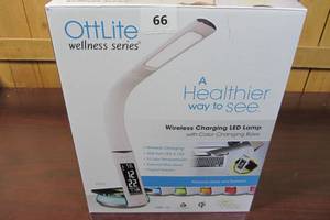 lot 66 image: OttLite LED Desk Lamp with Clock and Wireless Color Changing Charging Station