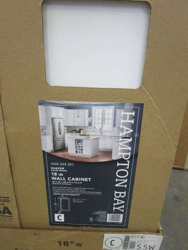 lot 593 image: Hampton Bay Shaker 18 in. W x 12 in. D x 30 in. H Assembled Wall Kitchen Cabinet in Satin White