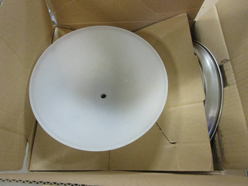 lot 398 image: Commercial Electric 13 in. 2-Light Brushed Nickel Flush Mount with Frosted Glass Shade (2-Pack) (EDGES OF LIGHT SHADES ARE CHIPPED, OPEN BOX)