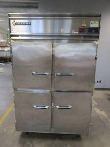 lot 2 image: Victory RA2DS7HD commercial stainless steel cooler 35 x 52 x 84 (4) doors,  Shelves, Missing Keys, Scratch and Dent. Dial Broken, BUT DOES COOL QUICK AND WORKS WELL.