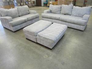 lot 7 image: PLUSH Sofa, Loveseat and 2 Ottomans - Used in warehouse break area, some wear and tear, Needs some attention, in overall nice condition.