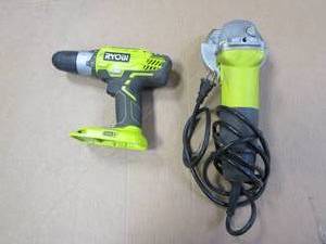 lot 35 image: RYOBI Drill (Tool Only) and Grinder (Corded) - Work, Used in Warehouse