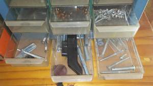 lot 69 image: Metal Storge Organizer and Bins with Contents.