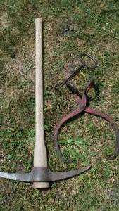 lot 20 image: Ice Tongs, Bale Hook, Pickaxe.