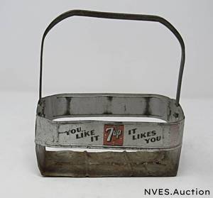 lot 71 image: Vintage Aluminum Metal 6-pack bottle carriers Coke, Pepsi, 7-up and filled vintage coke unopened bottles