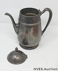 lot 104 image: 60s kitchen bundle (3 pc group) Title Silver Plate Coffee Pot, ButterSauce Warmer, and Copper Mold