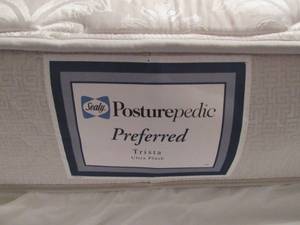 lot 375 image: Queen bed with paperwork  Metal Slumberland Headboard and frame with Mattress