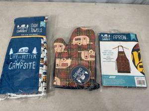 lot 126 image: New Camping Themed Hand Towels, Pot Holders, Apron