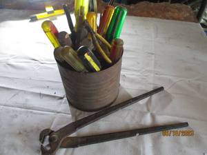 lot 12 image: can of tools screw drivers, wrench,...