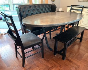 lot 1 image: Beautiful Arhaus Hand Pounded Metal Dining Room Table with Chairs, Wooden Bench  and Tufted High Back Bench