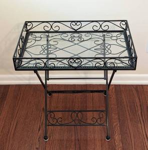 lot 26 image: Glass Topped Black Metal Tray Style Side Table